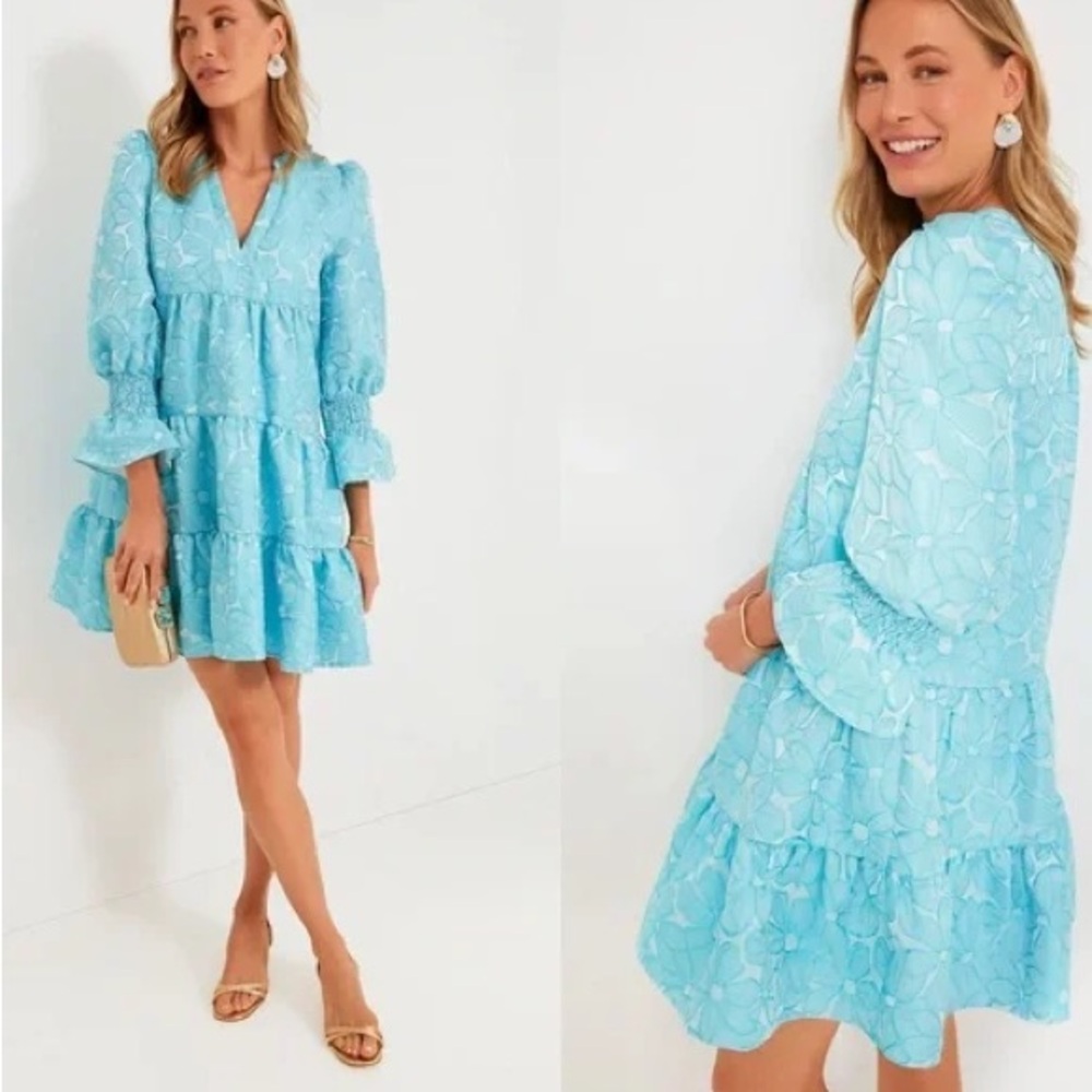 Pomander Place Aqua Blue Tiered Eyelet Mini Dress